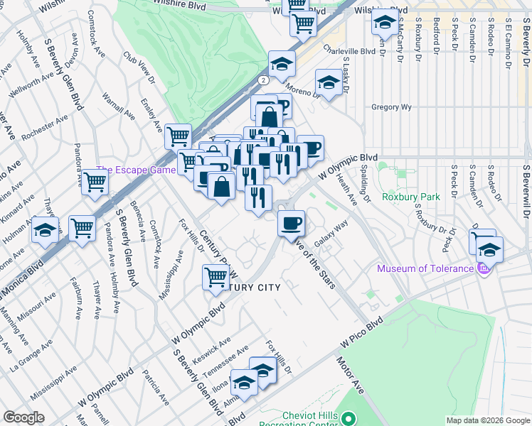 map of restaurants, bars, coffee shops, grocery stores, and more near West Century Drive in Los Angeles