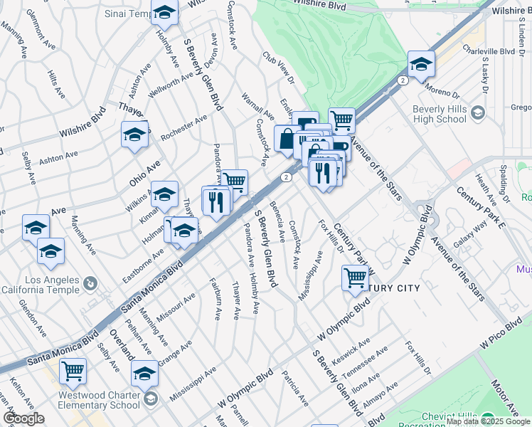 map of restaurants, bars, coffee shops, grocery stores, and more near 1820 South Beverly Glen Boulevard in Los Angeles
