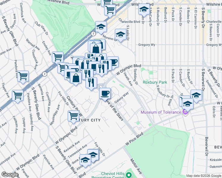 map of restaurants, bars, coffee shops, grocery stores, and more near 10081 West Olympic Boulevard in Los Angeles