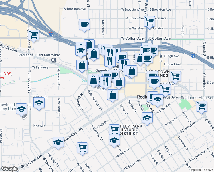 map of restaurants, bars, coffee shops, grocery stores, and more near 555 West Redlands Boulevard in Redlands