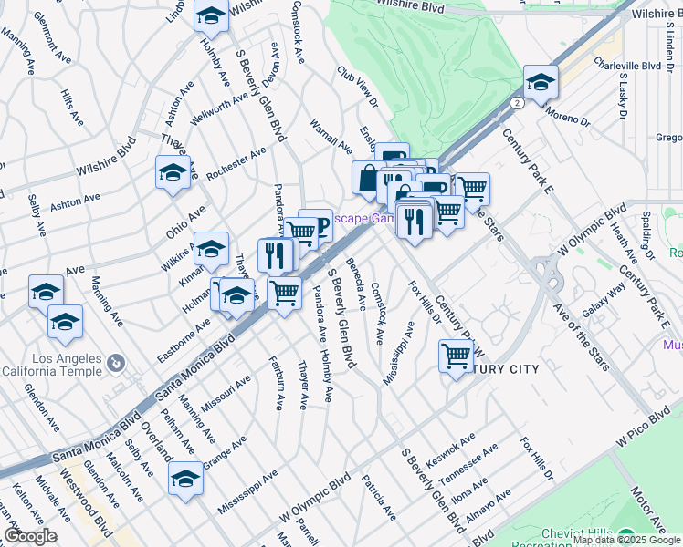 map of restaurants, bars, coffee shops, grocery stores, and more near 1820 South Beverly Glen Boulevard in Los Angeles