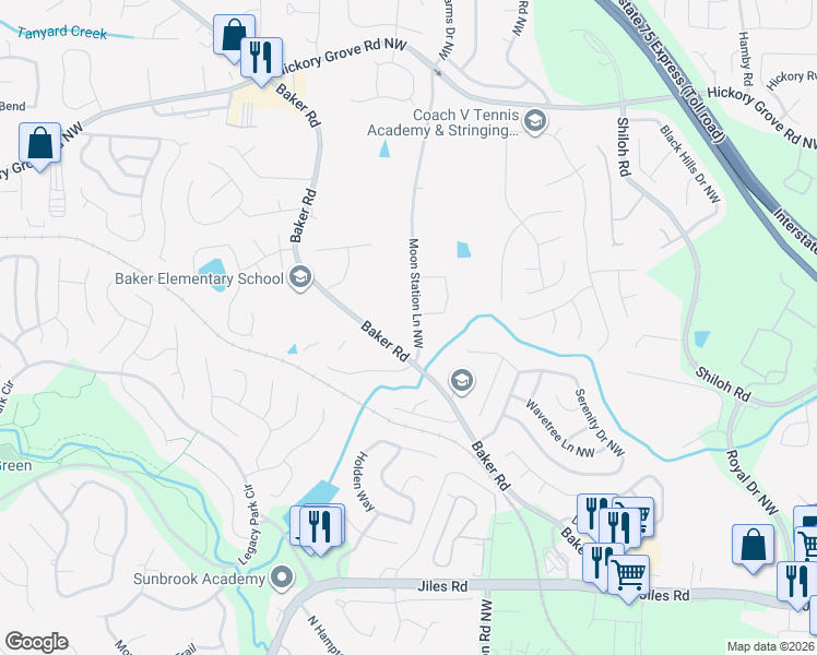 map of restaurants, bars, coffee shops, grocery stores, and more near 4251 Moon Station Lane Northwest in Acworth