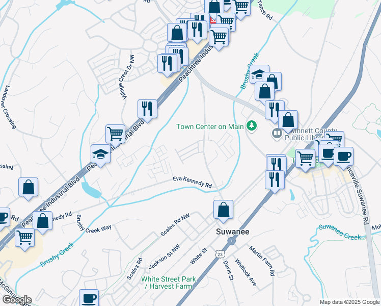 map of restaurants, bars, coffee shops, grocery stores, and more near 595 Stonepark Lane in Suwanee