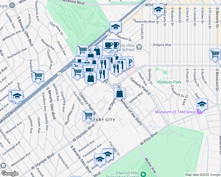 map of restaurants, bars, coffee shops, grocery stores, and more near West Century Drive in Los Angeles