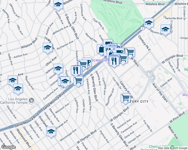 map of restaurants, bars, coffee shops, grocery stores, and more near 1820 South Beverly Glen Boulevard in Los Angeles