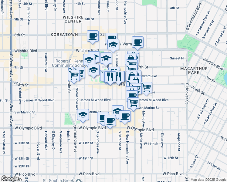 map of restaurants, bars, coffee shops, grocery stores, and more near 827 South Berendo Street in Los Angeles