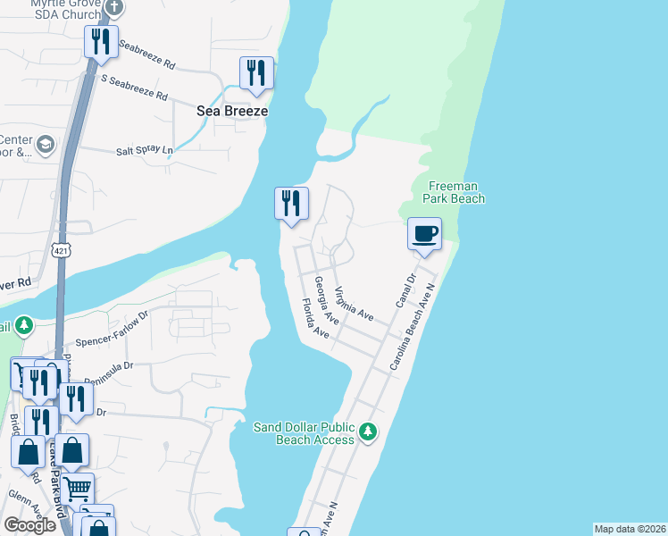map of restaurants, bars, coffee shops, grocery stores, and more near 405 Virginia Avenue in Carolina Beach