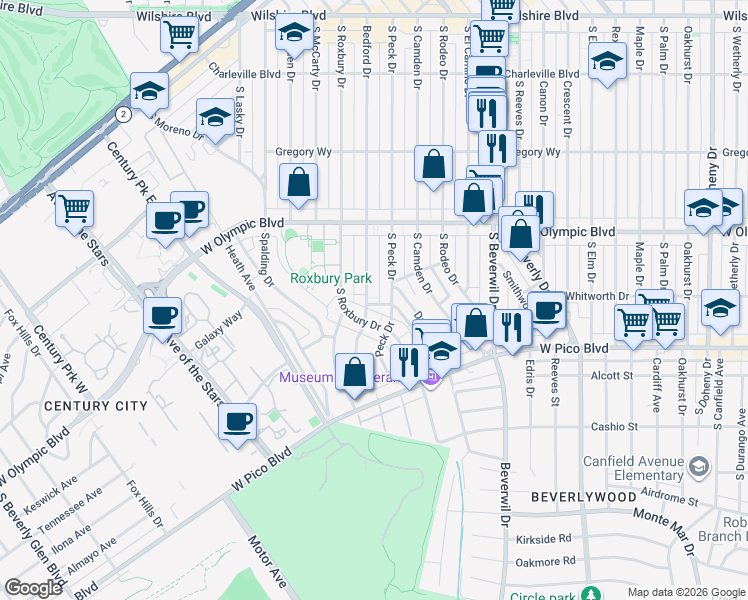 map of restaurants, bars, coffee shops, grocery stores, and more near 1096 South Bedford Drive in Beverly Hills