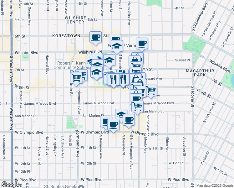 map of restaurants, bars, coffee shops, grocery stores, and more near 827 South Berendo Street in Los Angeles