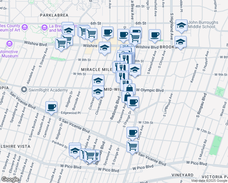 map of restaurants, bars, coffee shops, grocery stores, and more near 5320 West Olympic Boulevard in Los Angeles