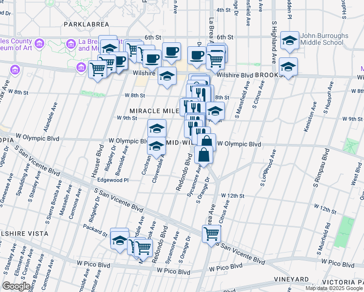 map of restaurants, bars, coffee shops, grocery stores, and more near 5320 West Olympic Boulevard in Los Angeles