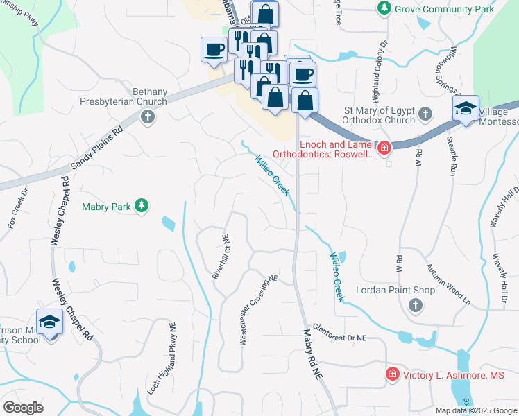 map of restaurants, bars, coffee shops, grocery stores, and more near 4442 Old Mabry Road Northeast in Roswell