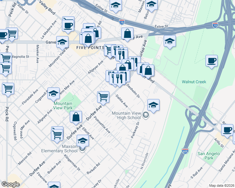 map of restaurants, bars, coffee shops, grocery stores, and more near 12315 Dahlia Avenue in El Monte