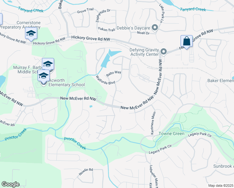 map of restaurants, bars, coffee shops, grocery stores, and more near 4212 Huddlestone Bridge Parkway Northwest in Acworth