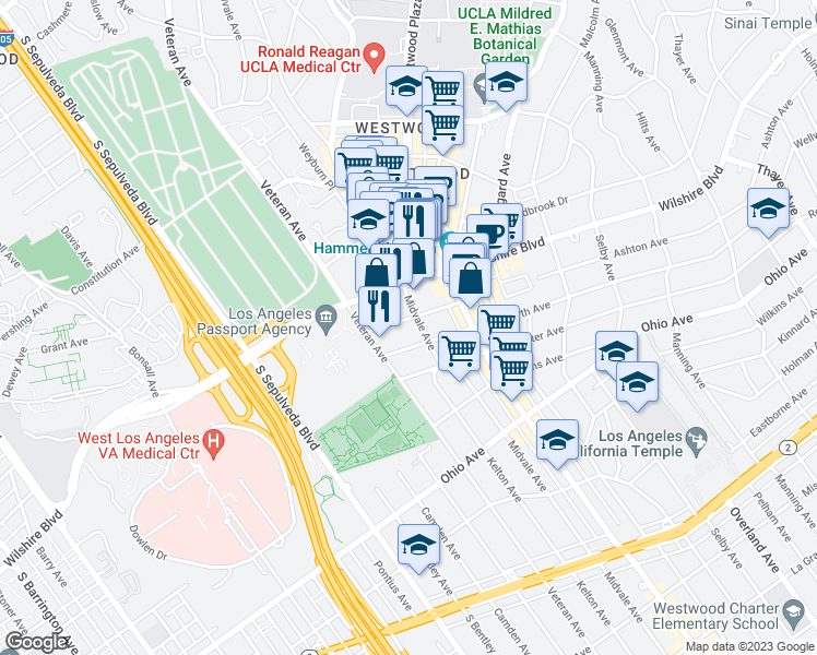 map of restaurants, bars, coffee shops, grocery stores, and more near 10960 Wilshire Boulevard in Los Angeles