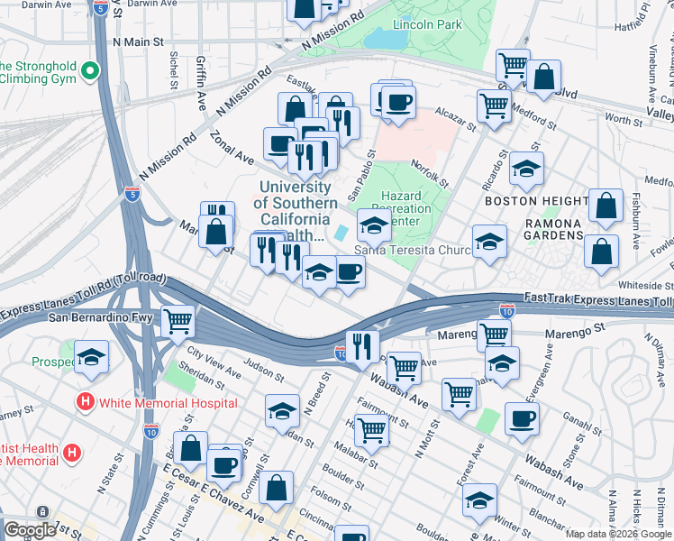 map of restaurants, bars, coffee shops, grocery stores, and more near 1140 North Chicago Street in Los Angeles