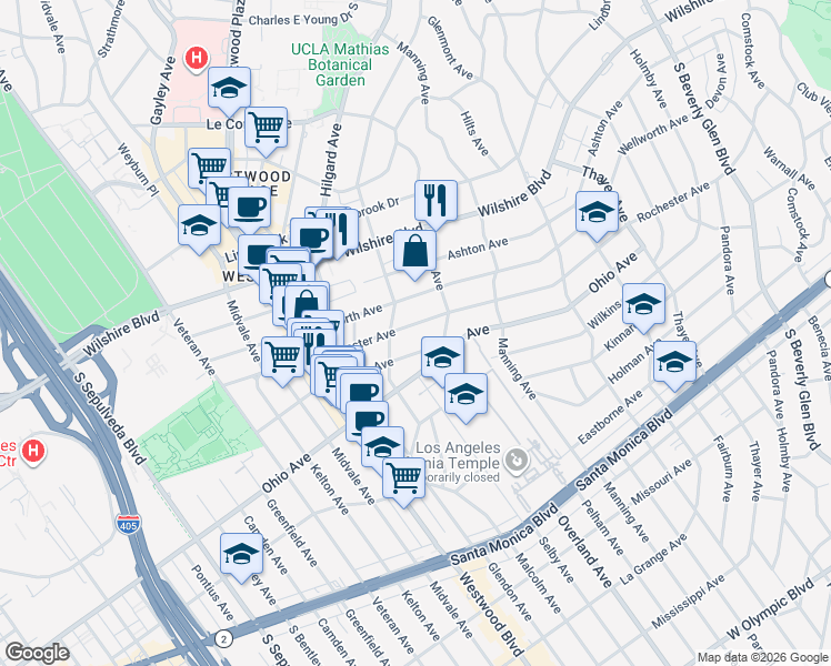 map of restaurants, bars, coffee shops, grocery stores, and more near 10772 Rochester Avenue in Los Angeles