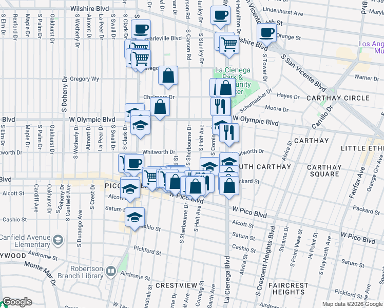 map of restaurants, bars, coffee shops, grocery stores, and more near 8618 Whitworth Drive in Los Angeles