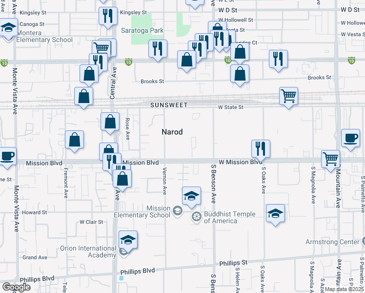 map of restaurants, bars, coffee shops, grocery stores, and more near 5570 West Mission Boulevard in Ontario