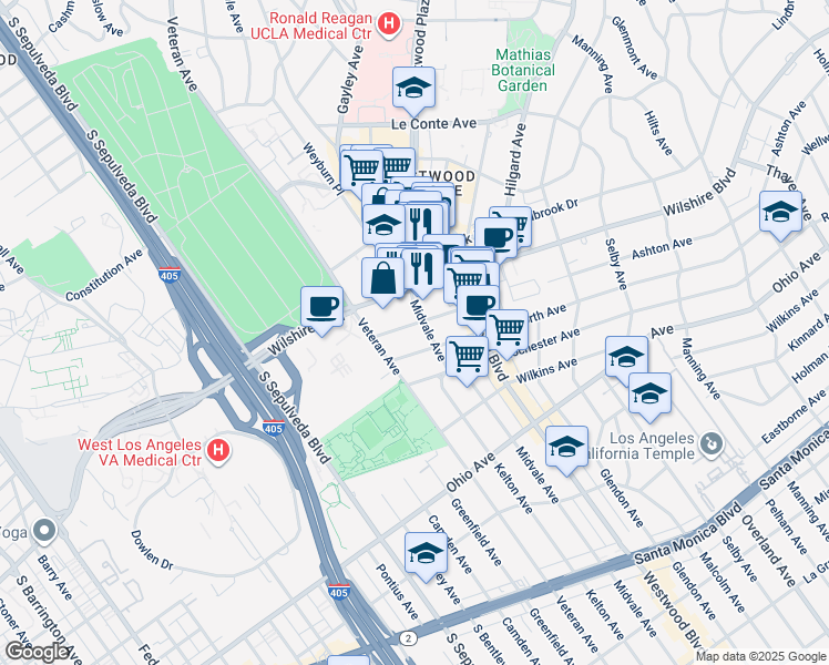 map of restaurants, bars, coffee shops, grocery stores, and more near 10960 Ashton Avenue in Los Angeles