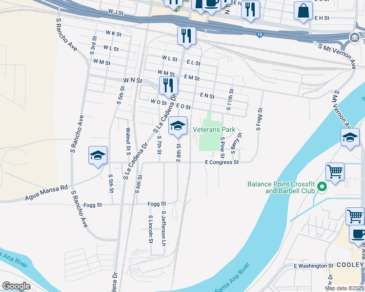 map of restaurants, bars, coffee shops, grocery stores, and more near 756 South 8th Street in Colton