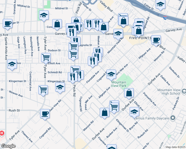 map of restaurants, bars, coffee shops, grocery stores, and more near 2509 Floradale Avenue in El Monte