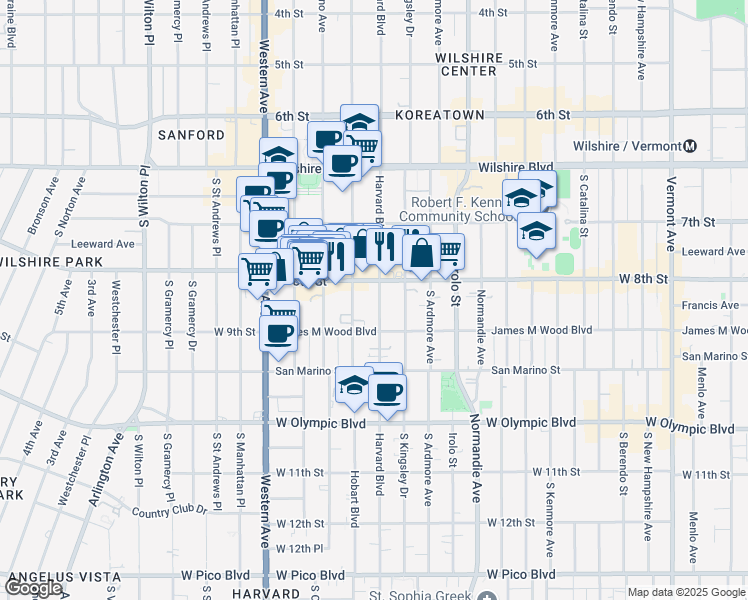 map of restaurants, bars, coffee shops, grocery stores, and more near 825 South Harvard Boulevard in Los Angeles