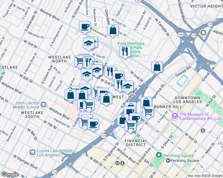 map of restaurants, bars, coffee shops, grocery stores, and more near 350 South Bixel Street in Los Angeles