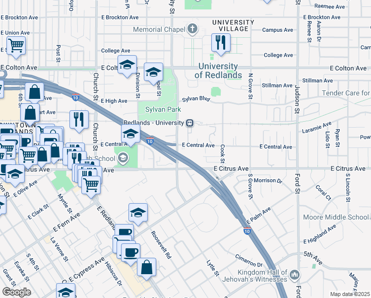 map of restaurants, bars, coffee shops, grocery stores, and more near 202 North University Street in Redlands