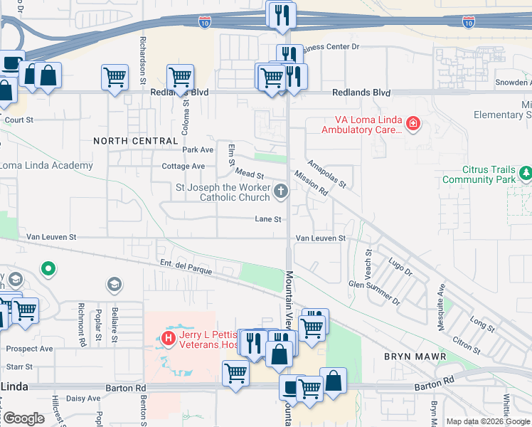 map of restaurants, bars, coffee shops, grocery stores, and more near 10816 South Mountain View Avenue in Loma Linda