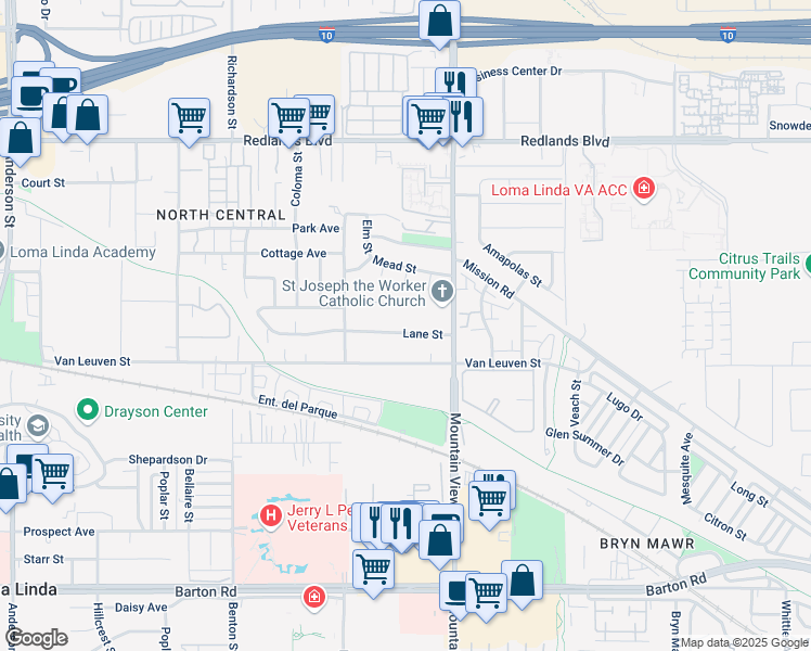 map of restaurants, bars, coffee shops, grocery stores, and more near 25589 State Street in Loma Linda