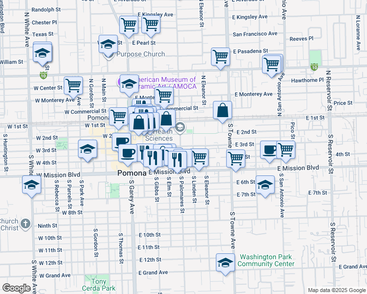 map of restaurants, bars, coffee shops, grocery stores, and more near 521 East 3rd Street in Pomona
