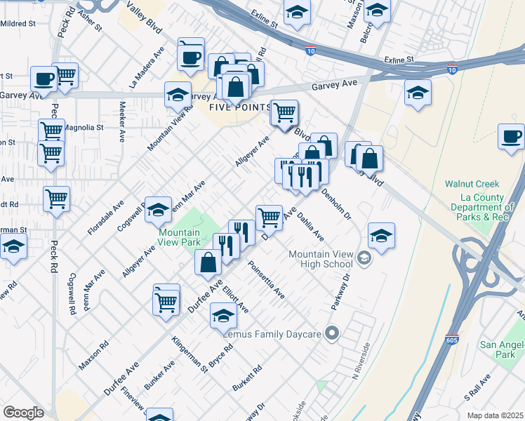 map of restaurants, bars, coffee shops, grocery stores, and more near 2810 Maxson Road in El Monte