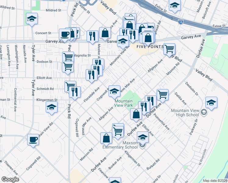 map of restaurants, bars, coffee shops, grocery stores, and more near 2616 Cogswell Road in El Monte