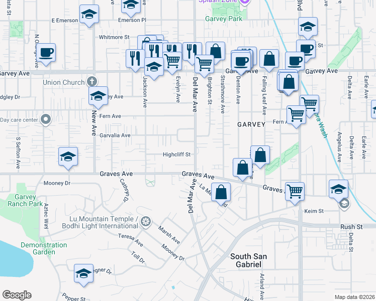map of restaurants, bars, coffee shops, grocery stores, and more near 2468 Del Mar Avenue in Rosemead