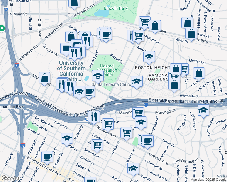 map of restaurants, bars, coffee shops, grocery stores, and more near 2400 Verde Street in Los Angeles