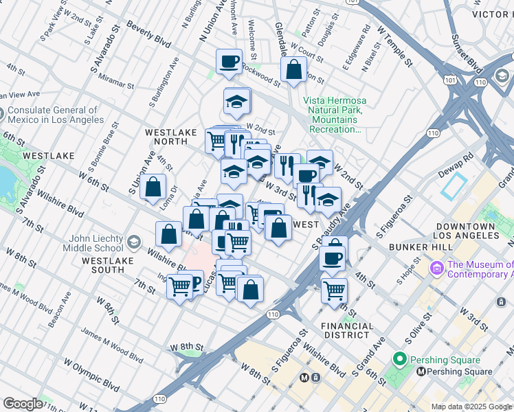 map of restaurants, bars, coffee shops, grocery stores, and more near 322 Lucas Avenue in Los Angeles