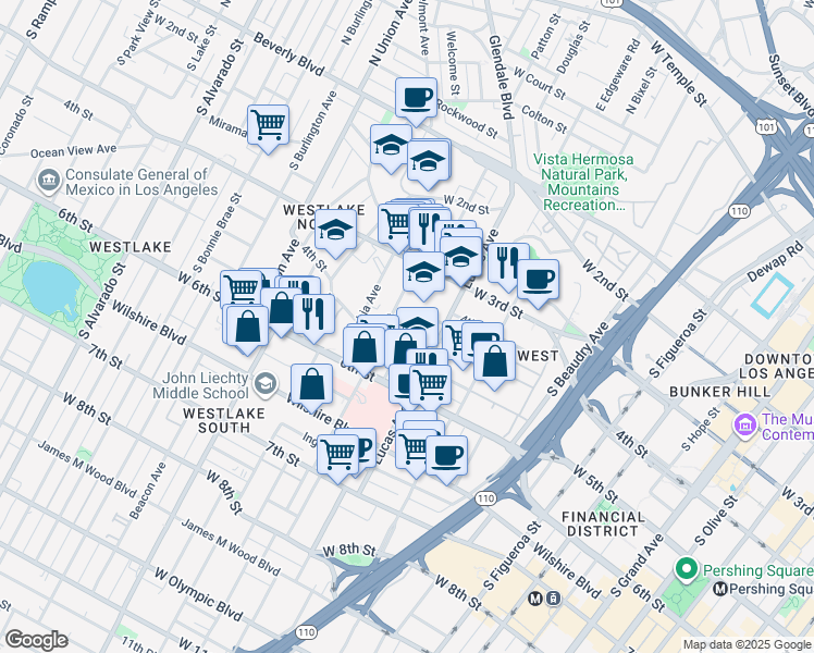 map of restaurants, bars, coffee shops, grocery stores, and more near 417 Witmer Street in Los Angeles