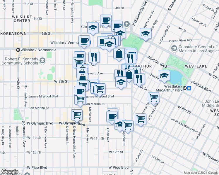 map of restaurants, bars, coffee shops, grocery stores, and more near 2802 West 8th Street in Los Angeles
