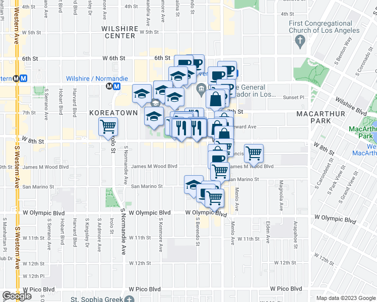map of restaurants, bars, coffee shops, grocery stores, and more near 3100 West 8th Street in Los Angeles