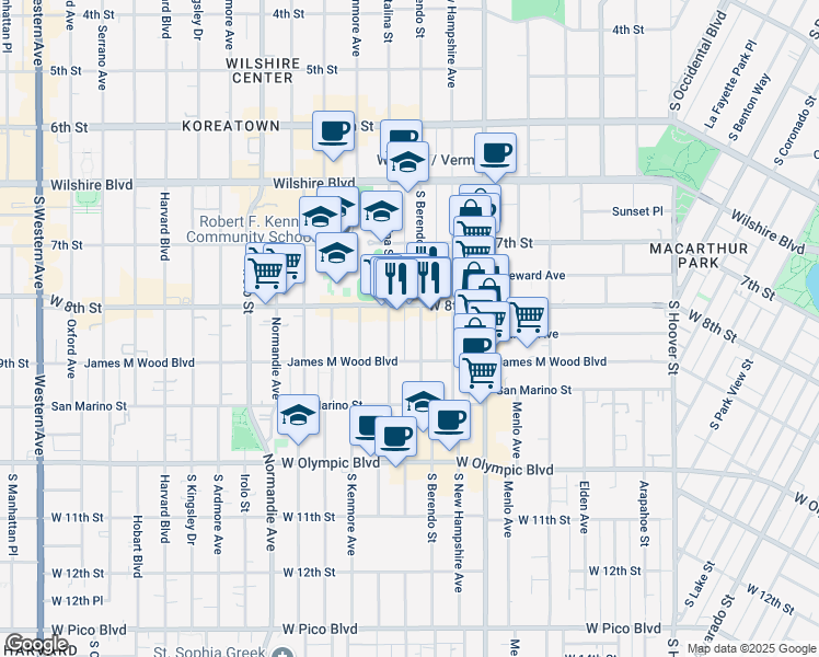 map of restaurants, bars, coffee shops, grocery stores, and more near 3100 West 8th Street in Los Angeles