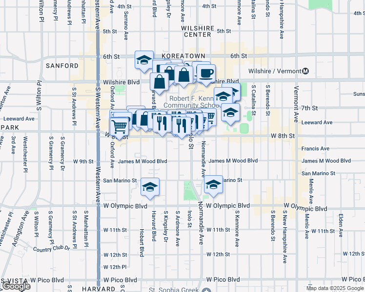 map of restaurants, bars, coffee shops, grocery stores, and more near 807 South Ardmore Avenue in Los Angeles