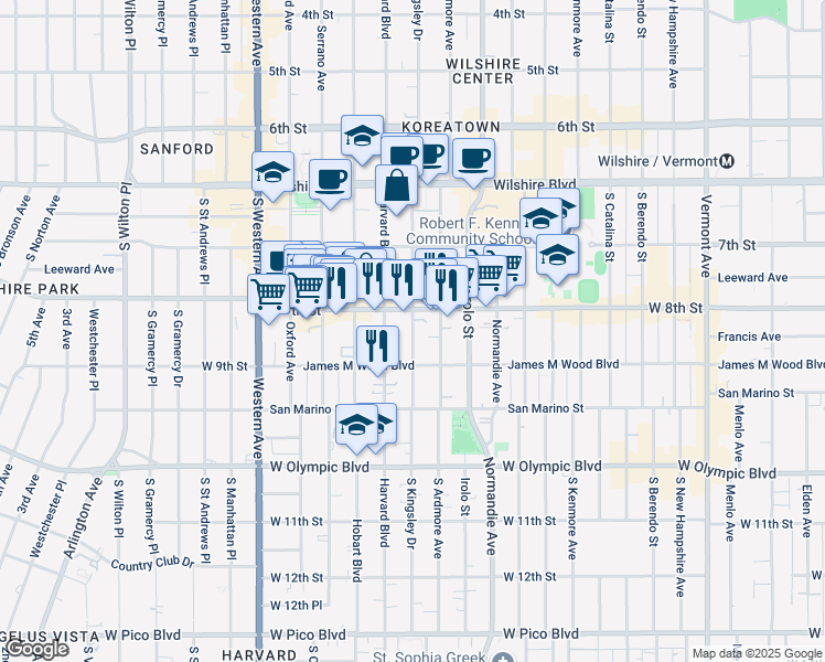map of restaurants, bars, coffee shops, grocery stores, and more near 3418a West 8th Street in Los Angeles