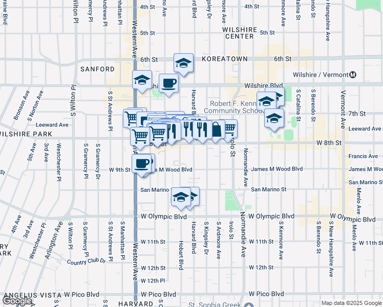 map of restaurants, bars, coffee shops, grocery stores, and more near 825 South Harvard Boulevard in Los Angeles