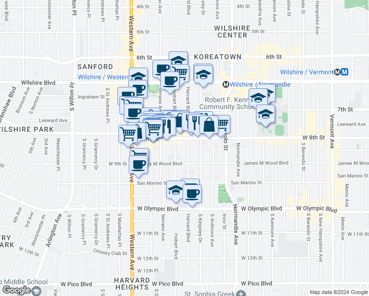map of restaurants, bars, coffee shops, grocery stores, and more near in Los Angeles