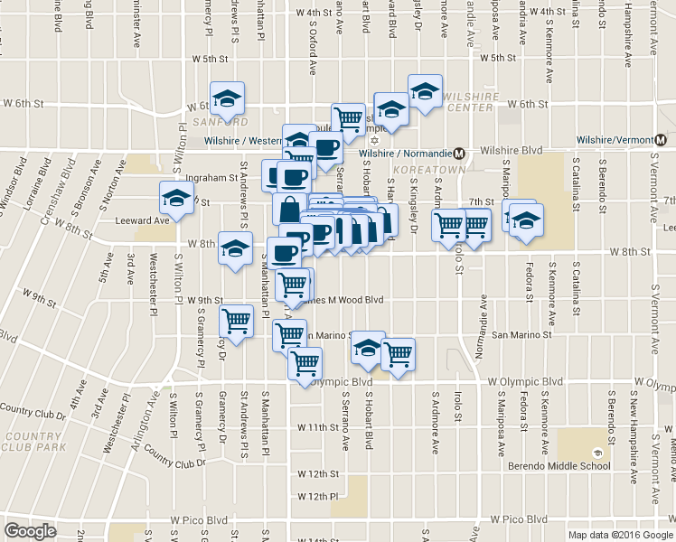 map of restaurants, bars, coffee shops, grocery stores, and more near 820 South Serrano Avenue in Los Angeles