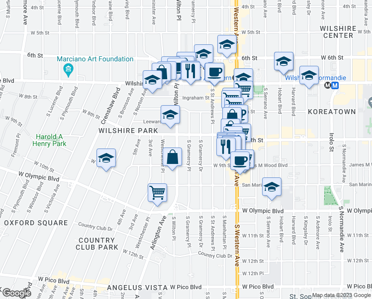 map of restaurants, bars, coffee shops, grocery stores, and more near 820 South Wilton Place in Los Angeles