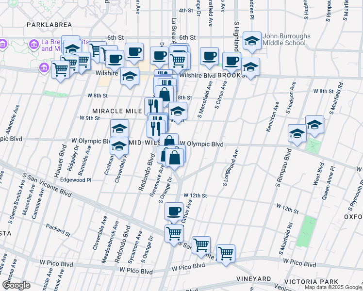 map of restaurants, bars, coffee shops, grocery stores, and more near 5241 West Olympic Boulevard in Los Angeles