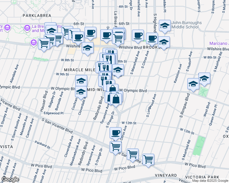 map of restaurants, bars, coffee shops, grocery stores, and more near 5241 West Olympic Boulevard in Los Angeles
