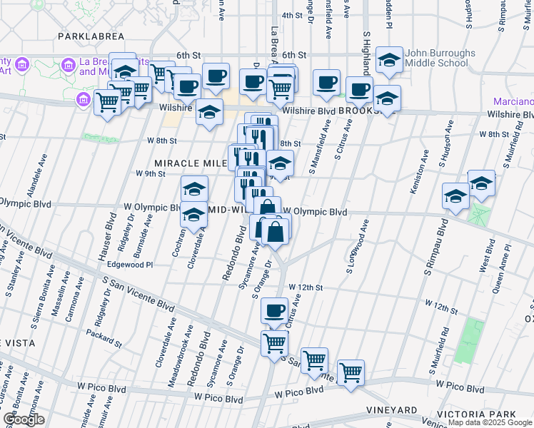 map of restaurants, bars, coffee shops, grocery stores, and more near 5241 West Olympic Boulevard in Los Angeles